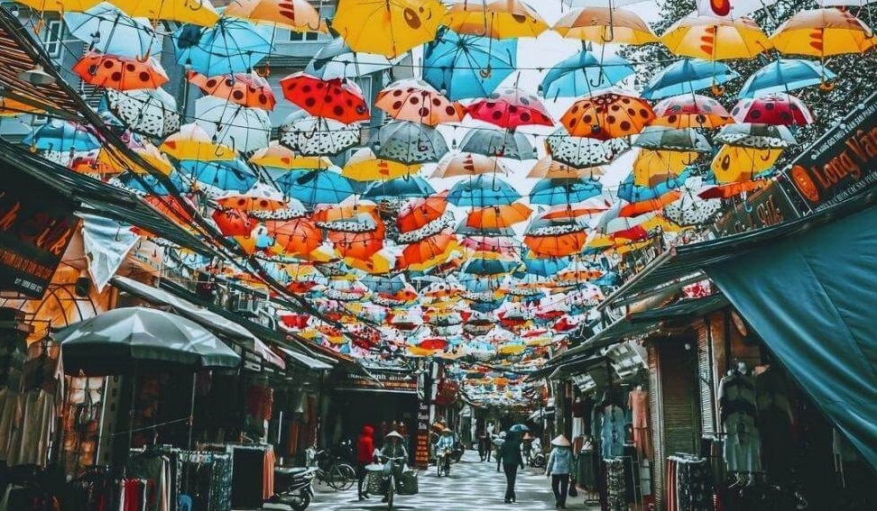 colorful umbrella street